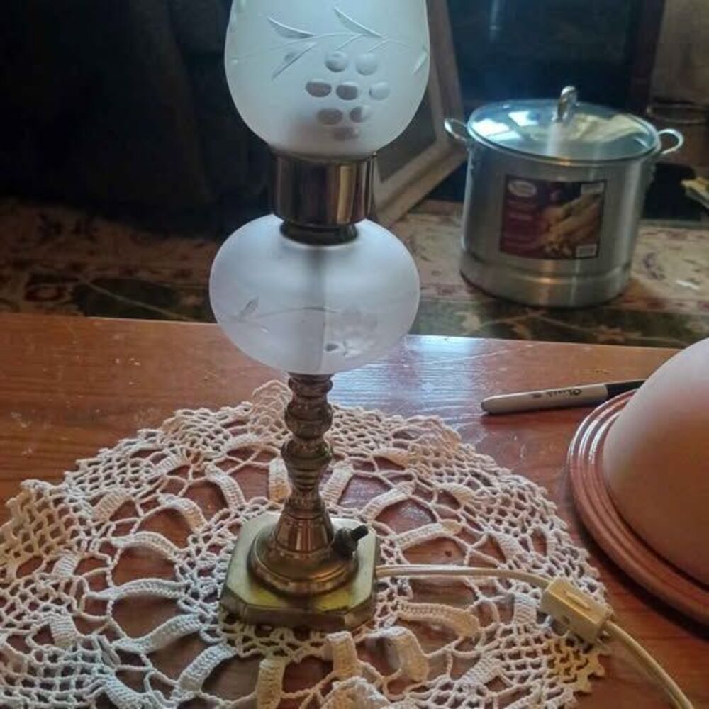 Vintage Frosted Glass Hurricane Lamp with Etched Grape Design